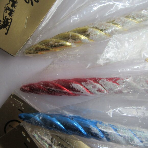 3  Blow Mold 8" Candy Cane Ornaments Red, Blue, Gold Glitter Golden Sleigh NIP - Picture 6 of 13